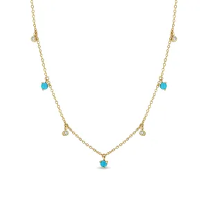 14k Dangling Mixed Round Turquoise & Diamonds Necklace
