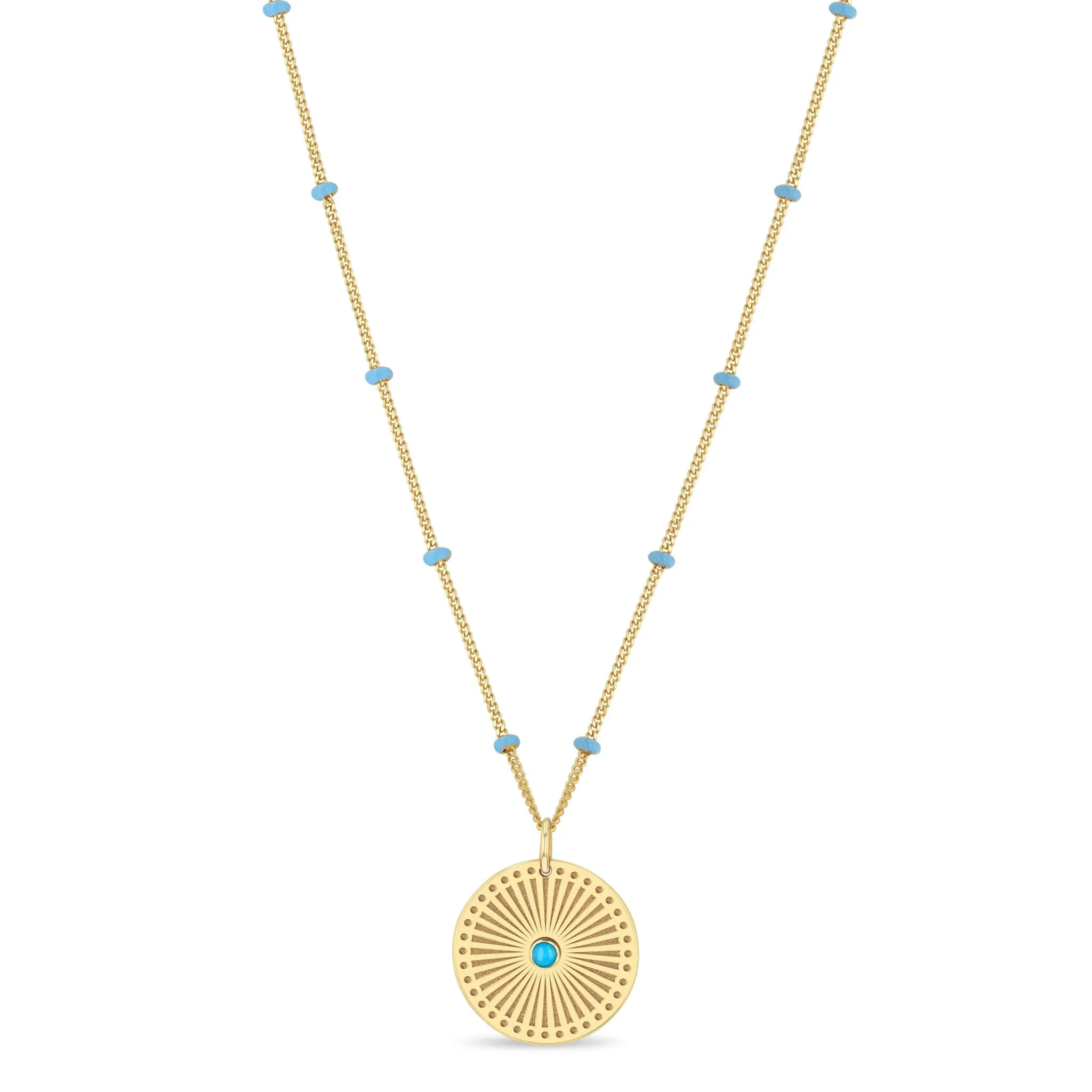 14k Gold Turquoise Sunbeam Medallion Satellite Chain Necklace