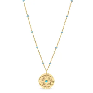 14k Gold Turquoise Sunbeam Medallion Satellite Chain Necklace