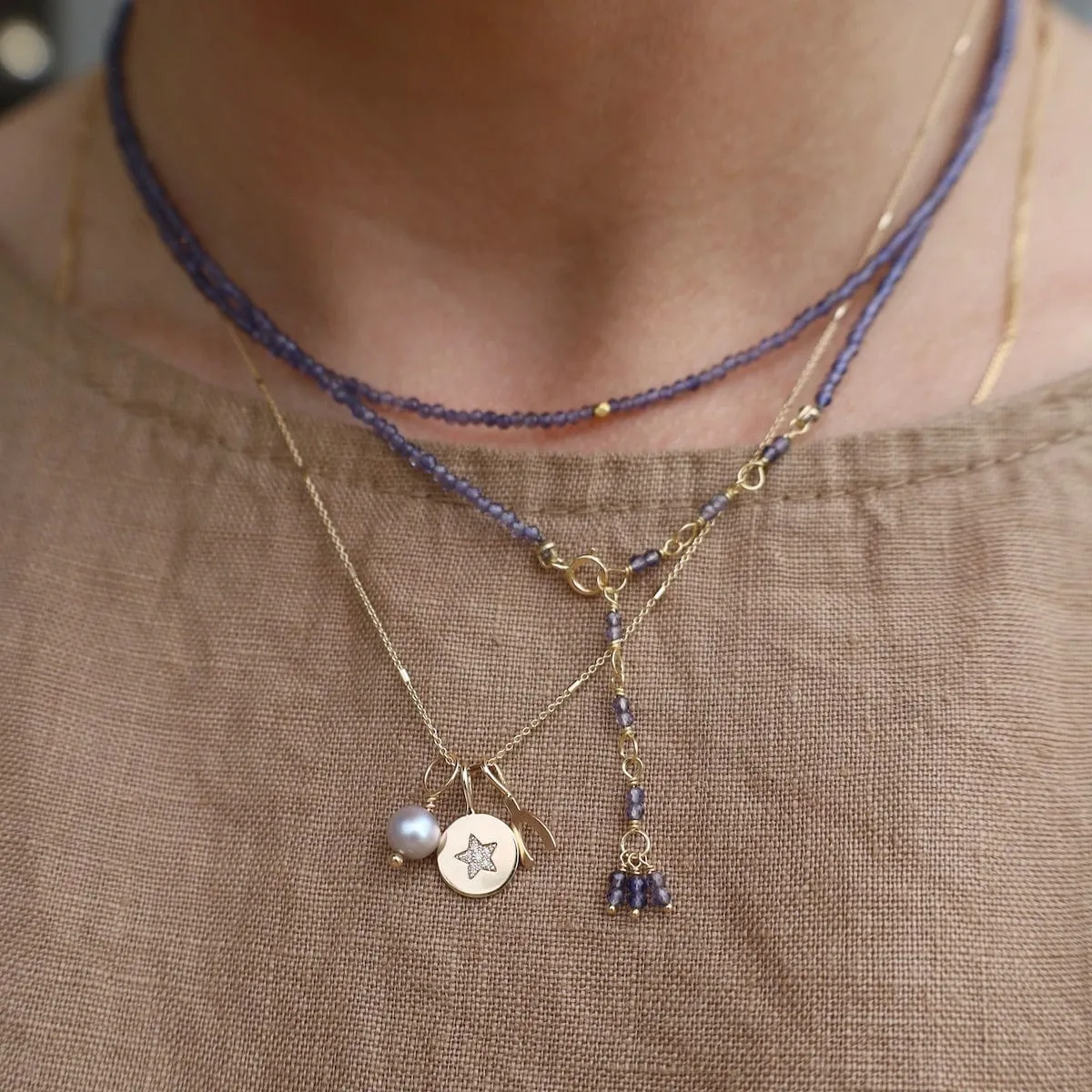 14k Iolite Wrap Bracelet & Necklace with 18K Hex Bead