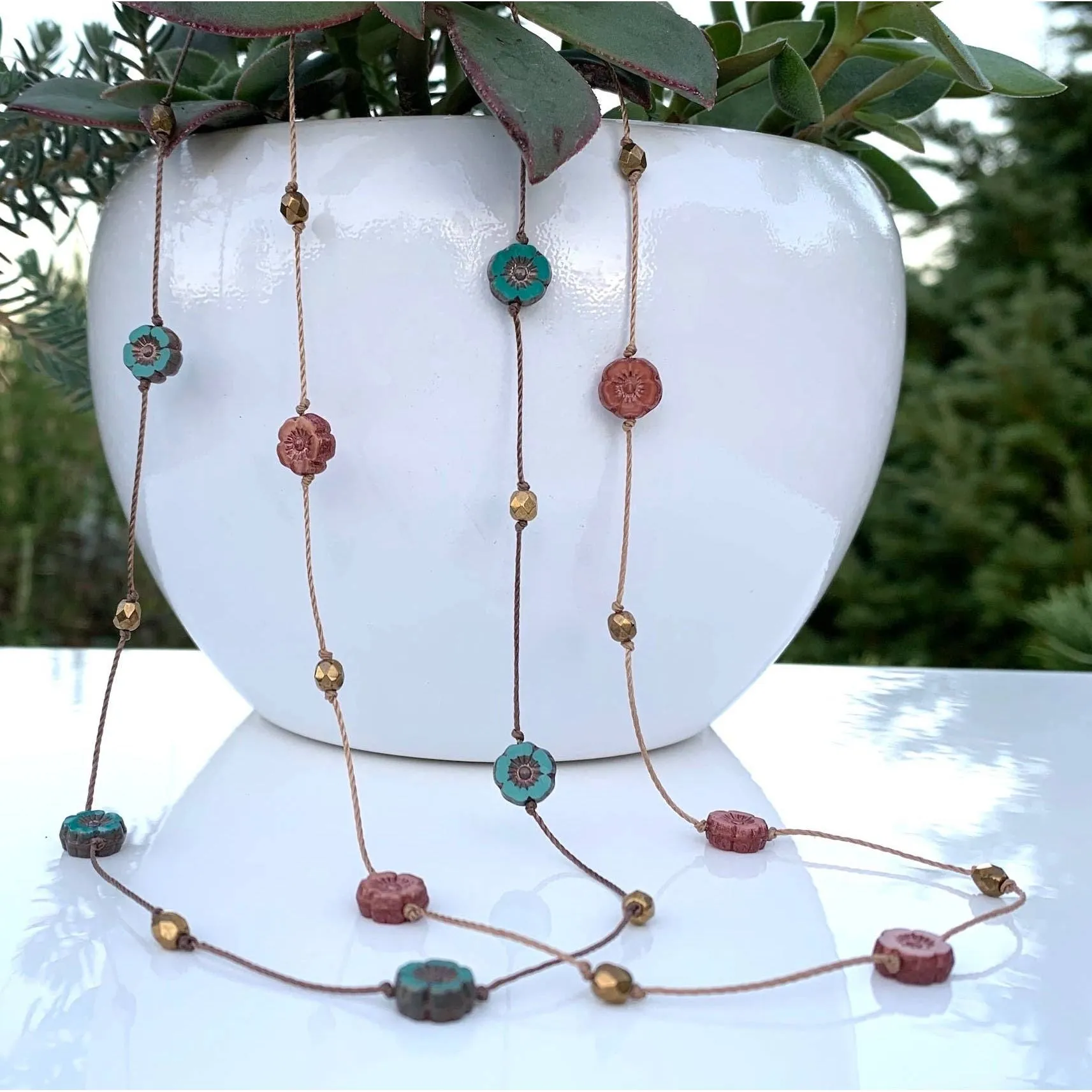 16" Choker Flower Knotted Necklace - 2 colors Turquoise Pink: Turquoise