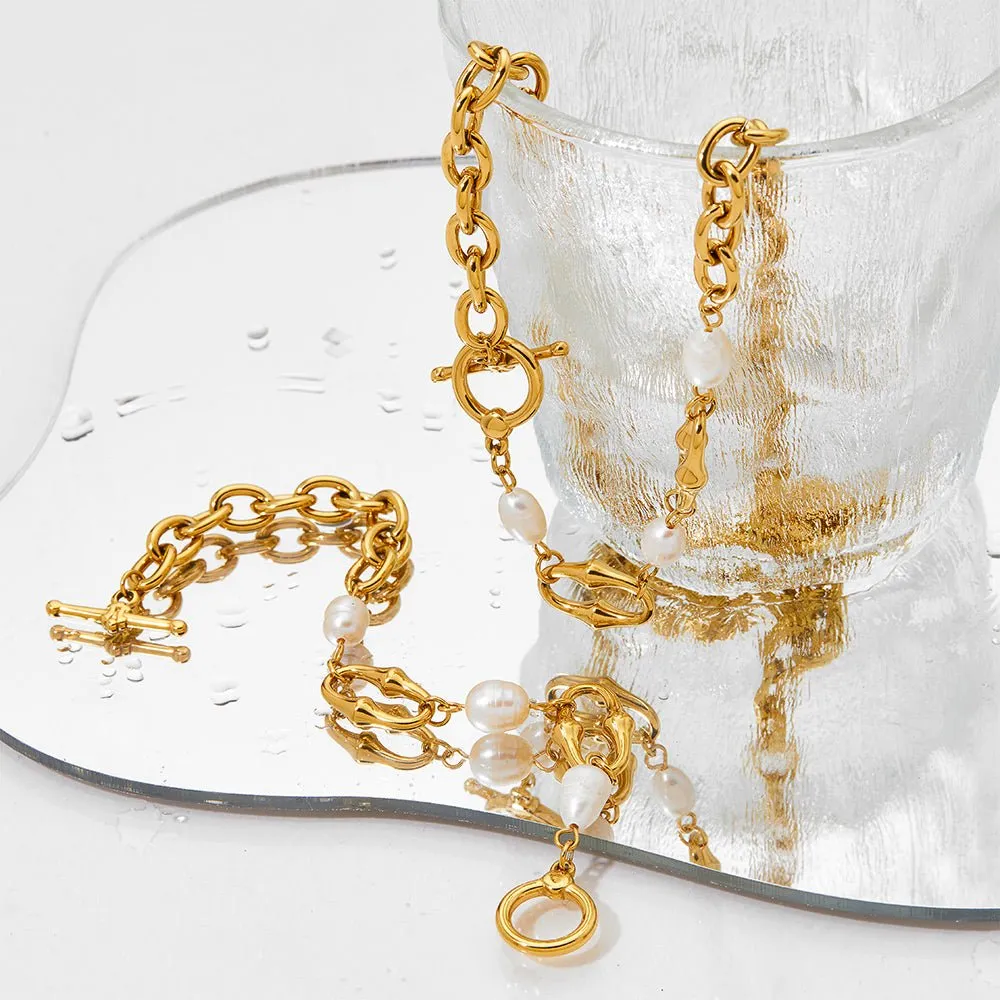 18K Gold Plated Freshwater Pearl Chain Link Bracelet