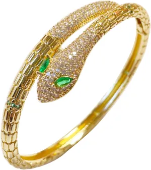18K Gold Plated Snake Bracelet with Sparkly Cubic Zirconia Green-eyed Snake Bracelets Open Cuff Bangle Bracelets for Women