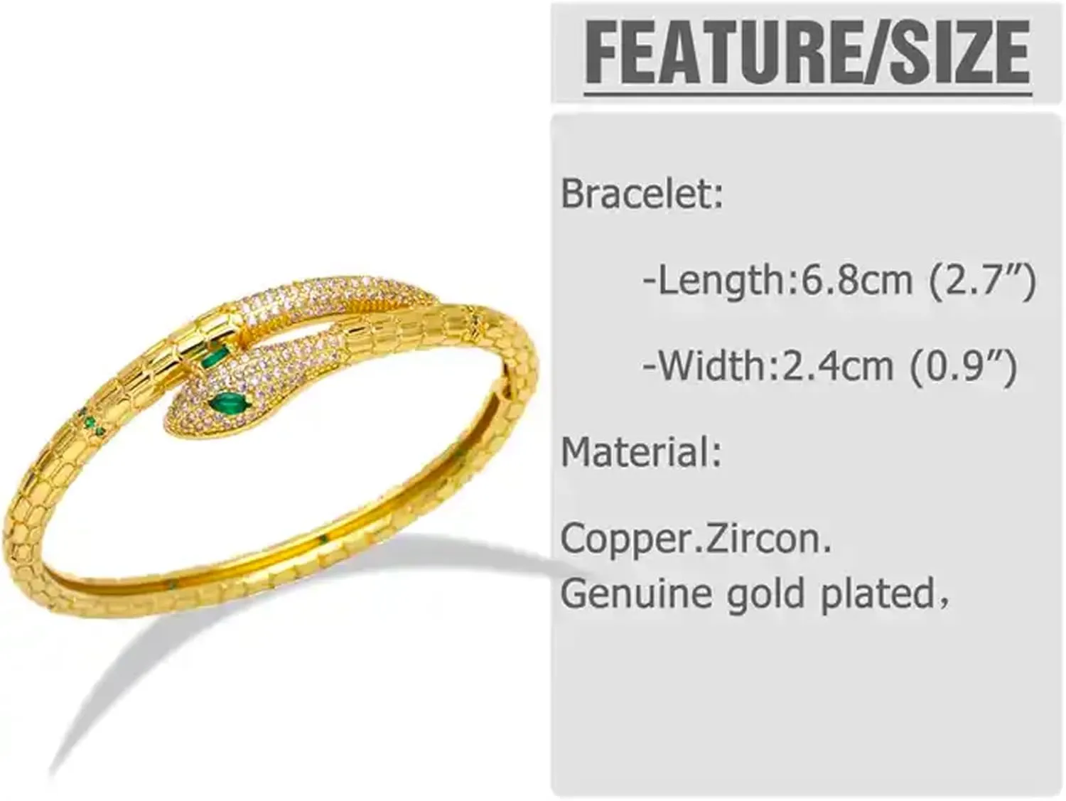 18K Gold Plated Snake Bracelet with Sparkly Cubic Zirconia Green-eyed Snake Bracelets Open Cuff Bangle Bracelets for Women