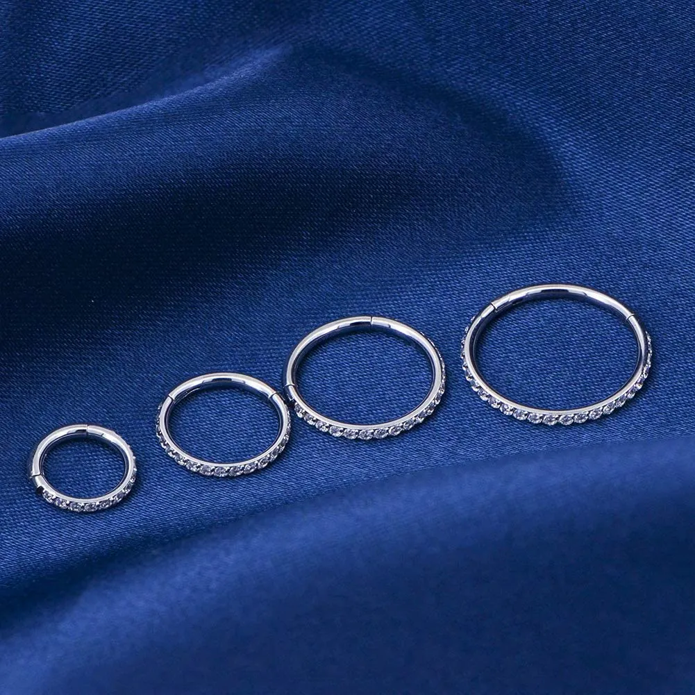 20G Titanium Nose Ring Hinged Segment CZ Hoop Ring