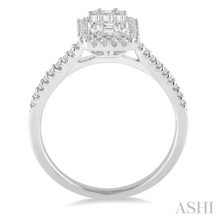 5/8 Ctw Emerald Shape Round Cut and Baguette Diamond Ring in 14K White Gold