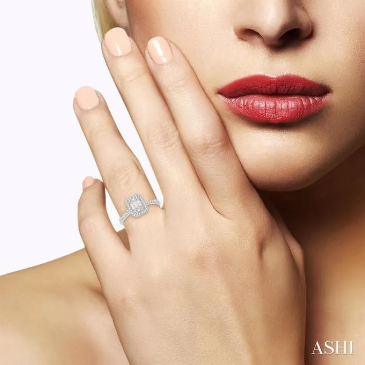 5/8 Ctw Emerald Shape Round Cut and Baguette Diamond Ring in 14K White Gold