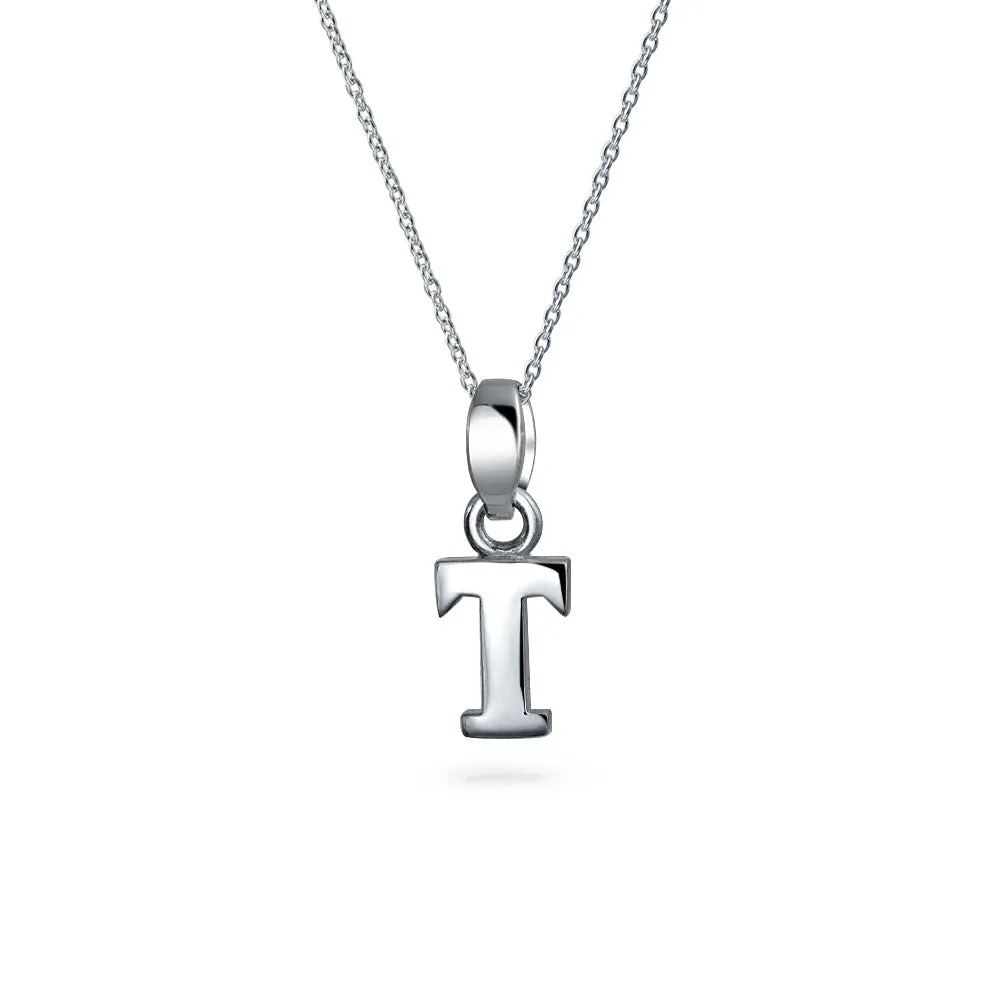 ABC Block Letter Initial Pendant Necklace in Sterling Silver A-Z Alphabet