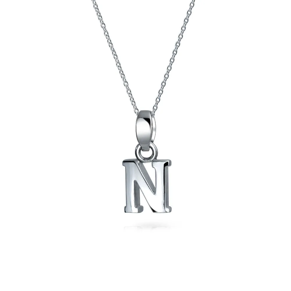 ABC Block Letter Initial Pendant Necklace in Sterling Silver A-Z Alphabet