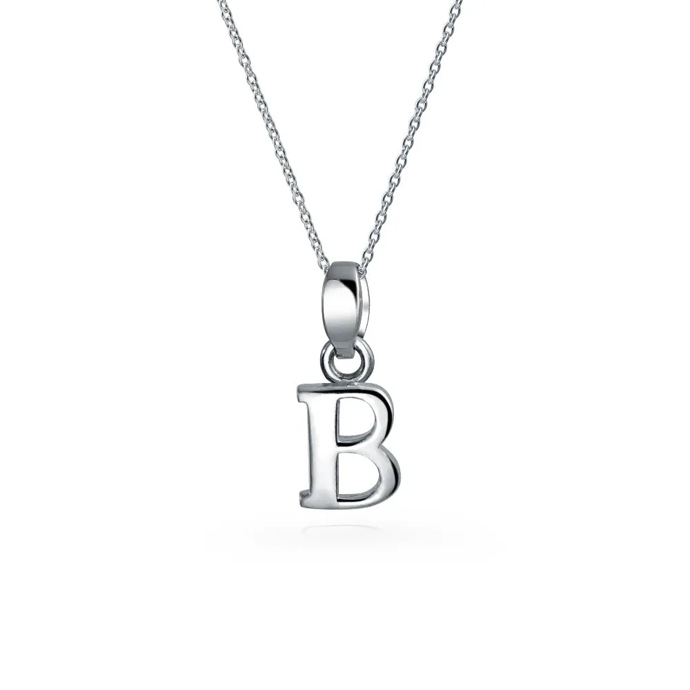 ABC Block Letter Initial Pendant Necklace in Sterling Silver A-Z Alphabet
