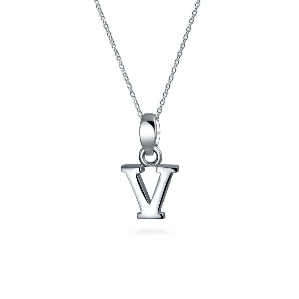 ABC Block Letter Initial Pendant Necklace in Sterling Silver A-Z Alphabet