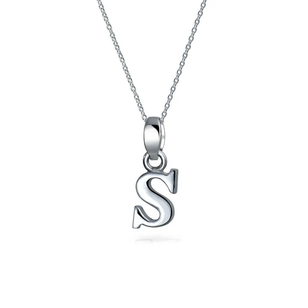 ABC Block Letter Initial Pendant Necklace in Sterling Silver A-Z Alphabet