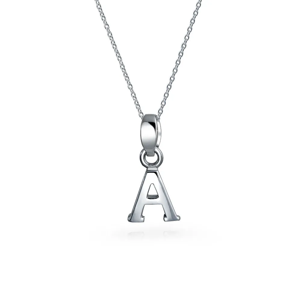 ABC Block Letter Initial Pendant Necklace in Sterling Silver A-Z Alphabet