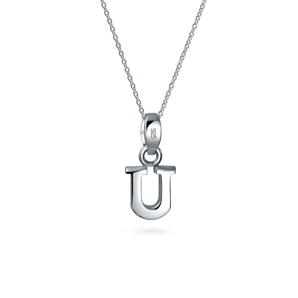 ABC Block Letter Initial Pendant Necklace in Sterling Silver A-Z Alphabet