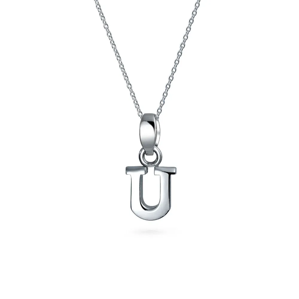 ABC Block Letter Initial Pendant Necklace in Sterling Silver A-Z Alphabet