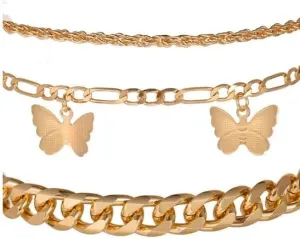 Anklet Set (3 Pieces w/Butterfly Design), Medium, Gold
