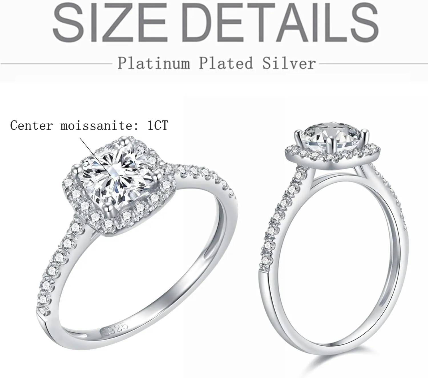 Blocaci Halo Cushion Cut Engagement Rings for Women White Gold 1 Carat Center Moissanite Engagement Rings Platinum Plated Silver Wedding Anniversary Promise Rings for Women