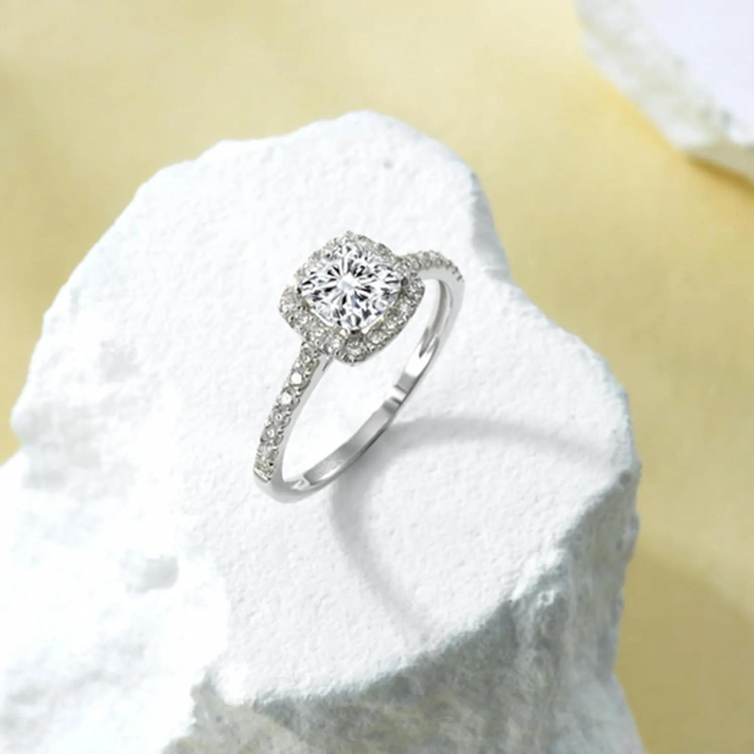 Blocaci Halo Cushion Cut Engagement Rings for Women White Gold 1 Carat Center Moissanite Engagement Rings Platinum Plated Silver Wedding Anniversary Promise Rings for Women