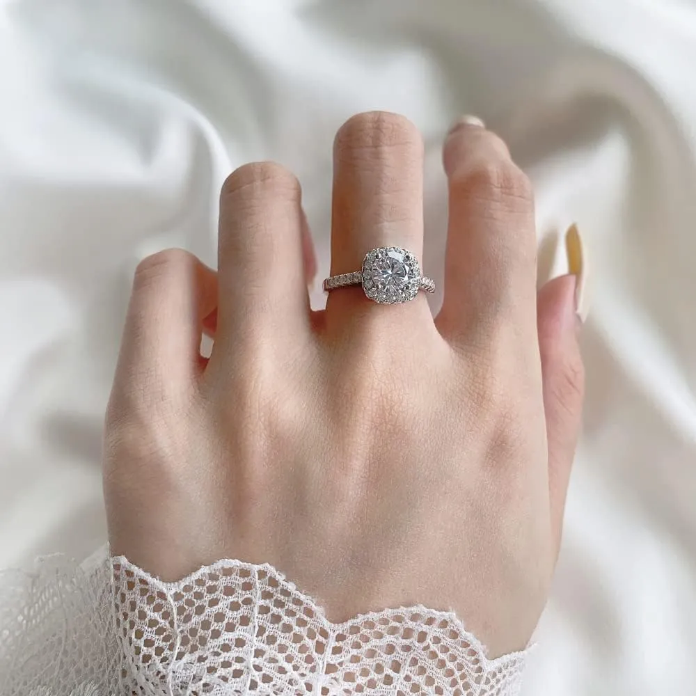 Blocaci Halo Cushion Cut Engagement Rings for Women White Gold 1 Carat Center Moissanite Engagement Rings Platinum Plated Silver Wedding Anniversary Promise Rings for Women