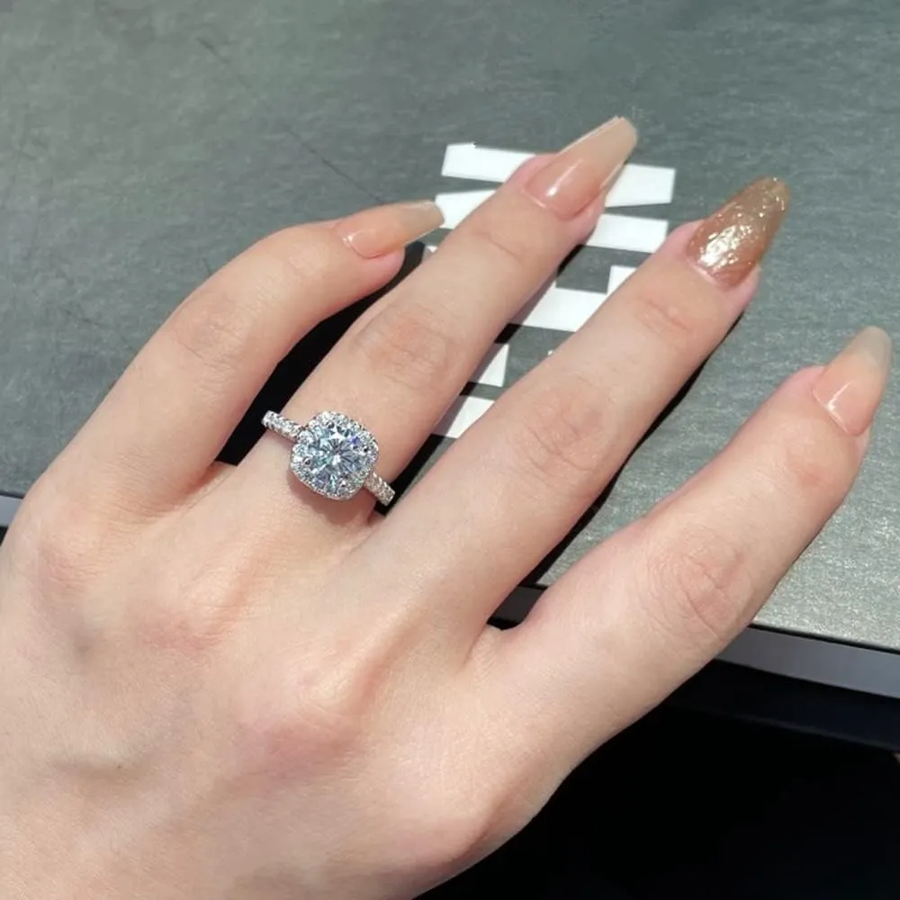 Blocaci Halo Cushion Cut Engagement Rings for Women White Gold 1 Carat Center Moissanite Engagement Rings Platinum Plated Silver Wedding Anniversary Promise Rings for Women