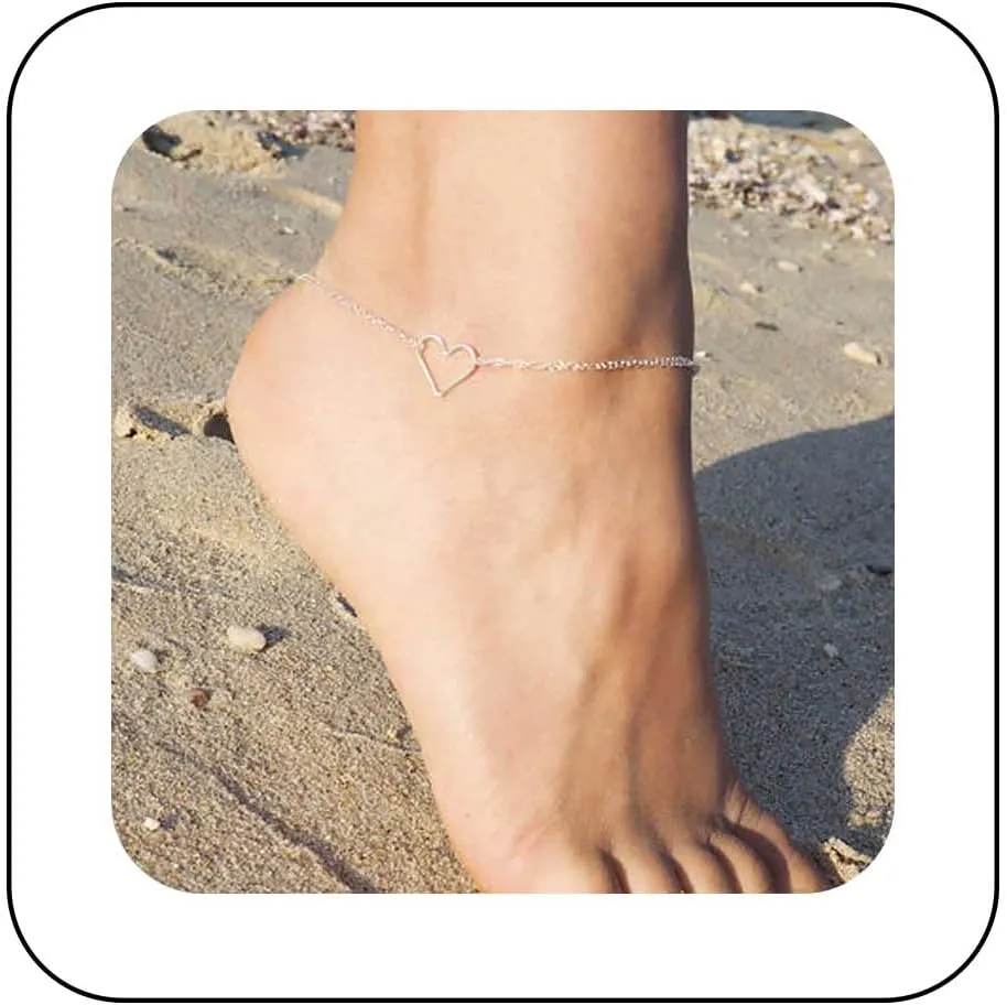 Bohemian Heart Ankle Bracelet Silver Heart Ankle Chain Bracelet Hollow Heart Beach Anklet Chain Minimalist Heart Foot Chain Anklet Summer Beach Foot Chain Jewelry for Women Gifts