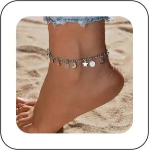 Bohemian Moon Star Coin Ankle Bracelet Silver Crescent Ankle Chain Bracelet Circle Disc Beach Anklet Chain Small Star Drop Foot Chain Anklet Summer Beach Foot Chain Jewelry for Women