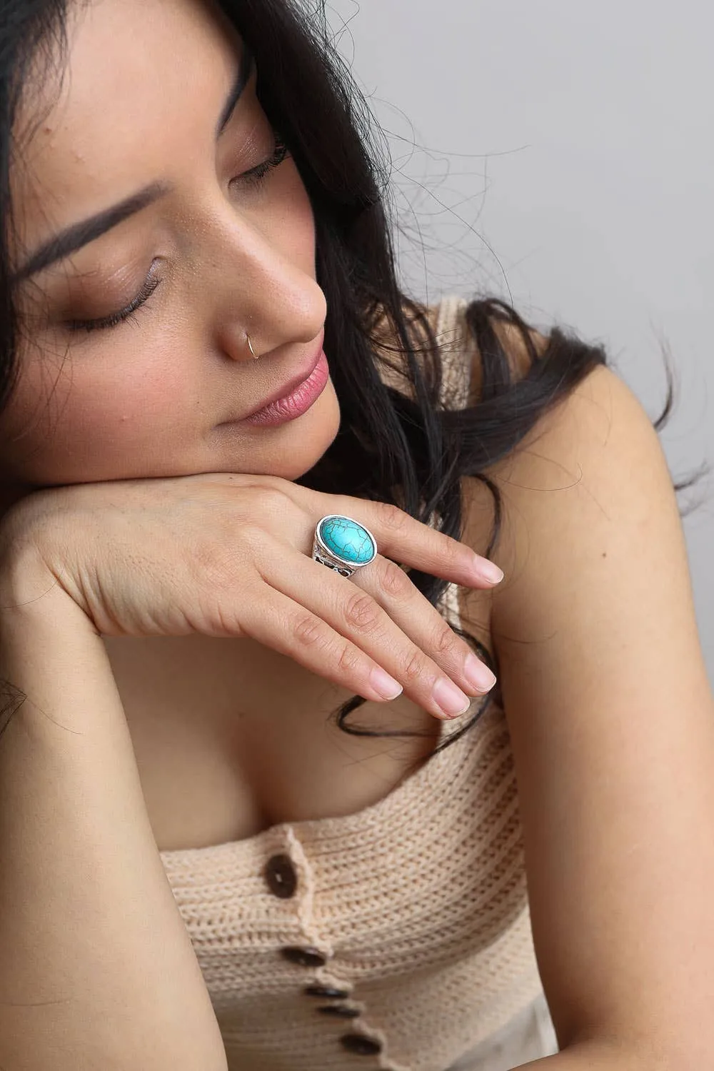 Bohemian Oval Cut Adjustable Turquoise Ring on