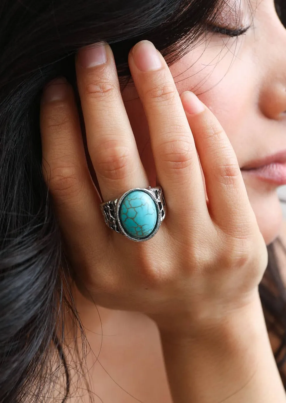 Bohemian Oval Cut Adjustable Turquoise Ring on