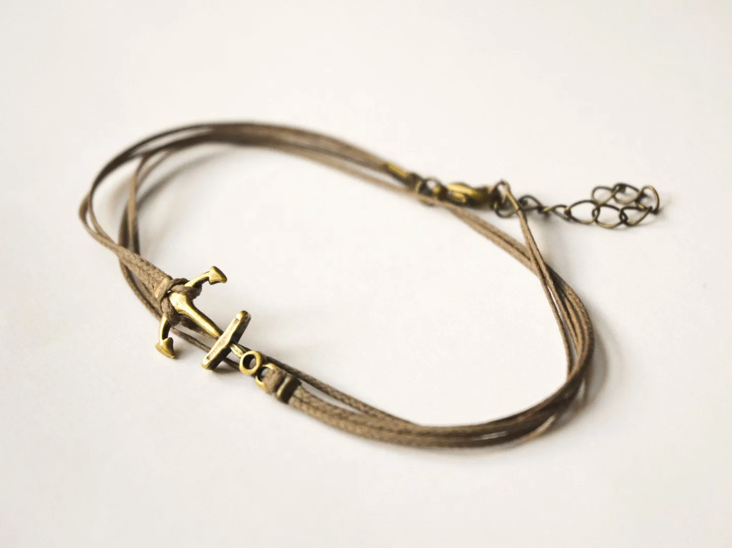Brown wrap anklet with an anchor bronze charm, handmade gift for her, festival jewelry