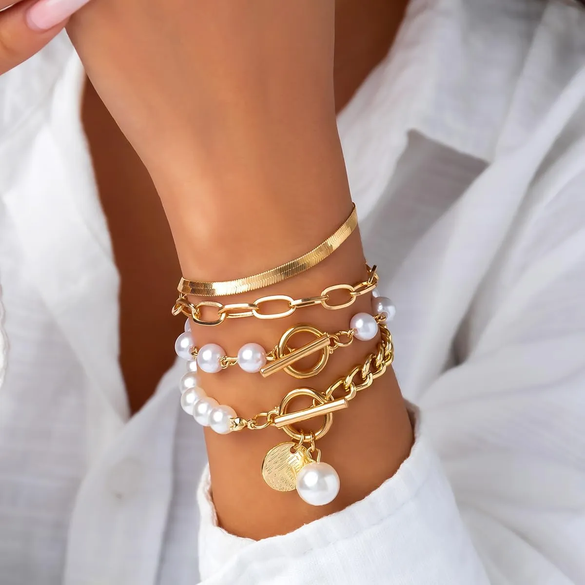 Chunky Gold Bracelets for Women Trendy Gold Chunky Stacked Pearl Bracelets Golden Pearl OT Clasp Bracelet Chain Portrait Pendant Bracelet Golden Jewelry Set Gift