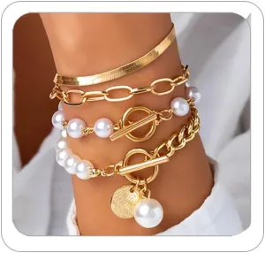 Chunky Gold Bracelets for Women Trendy Gold Chunky Stacked Pearl Bracelets Golden Pearl OT Clasp Bracelet Chain Portrait Pendant Bracelet Golden Jewelry Set Gift