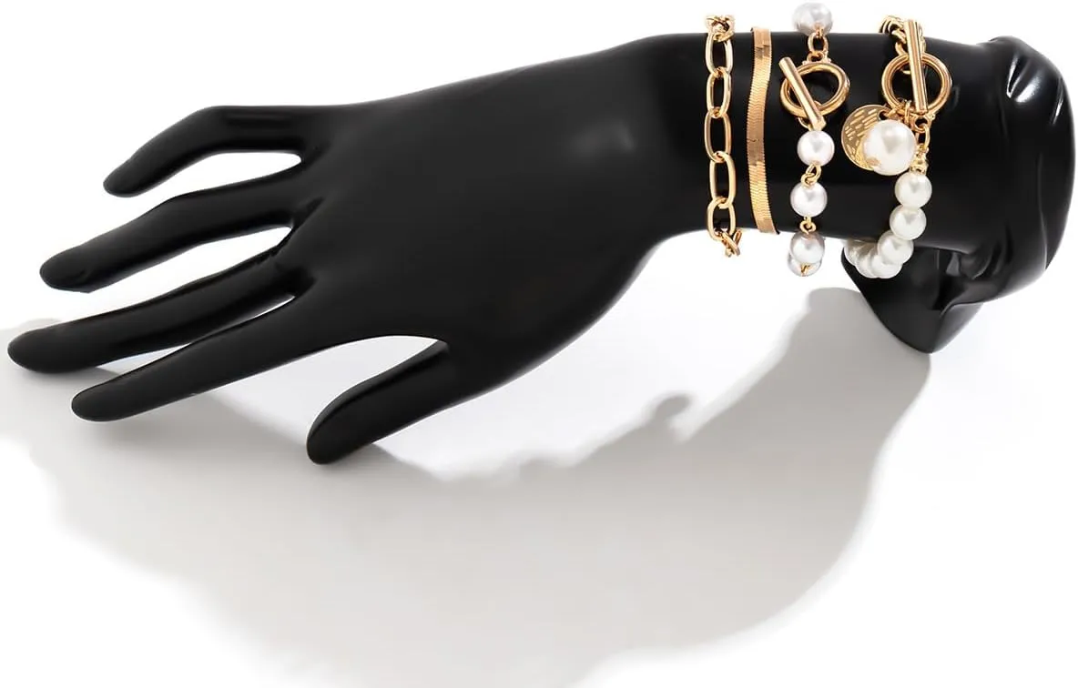Chunky Gold Bracelets for Women Trendy Gold Chunky Stacked Pearl Bracelets Golden Pearl OT Clasp Bracelet Chain Portrait Pendant Bracelet Golden Jewelry Set Gift