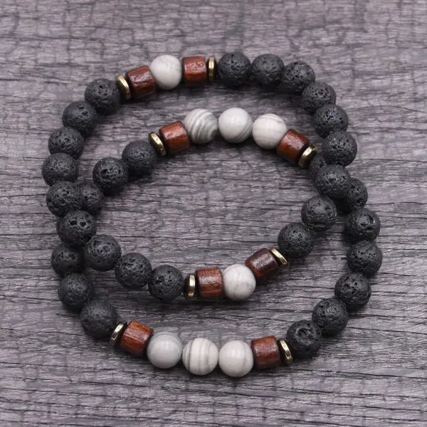 Classy Men Beaded Silver Wooden Bracelet Set