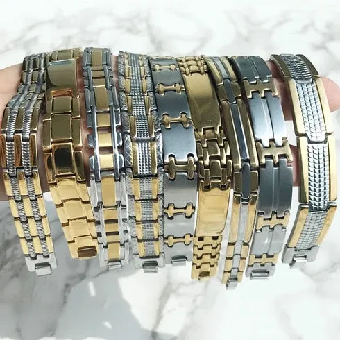 Classy Men Silver Gold Striped Steel Bracelet