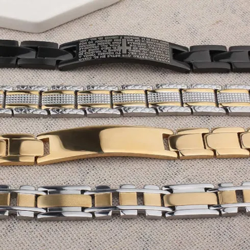 Classy Men Silver Gold Striped Steel Bracelet