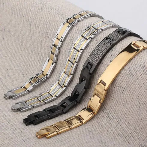 Classy Men Silver Gold Striped Steel Bracelet