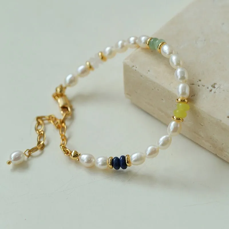 Colored Gemstone and Rice Pearl Beaded Bracelet