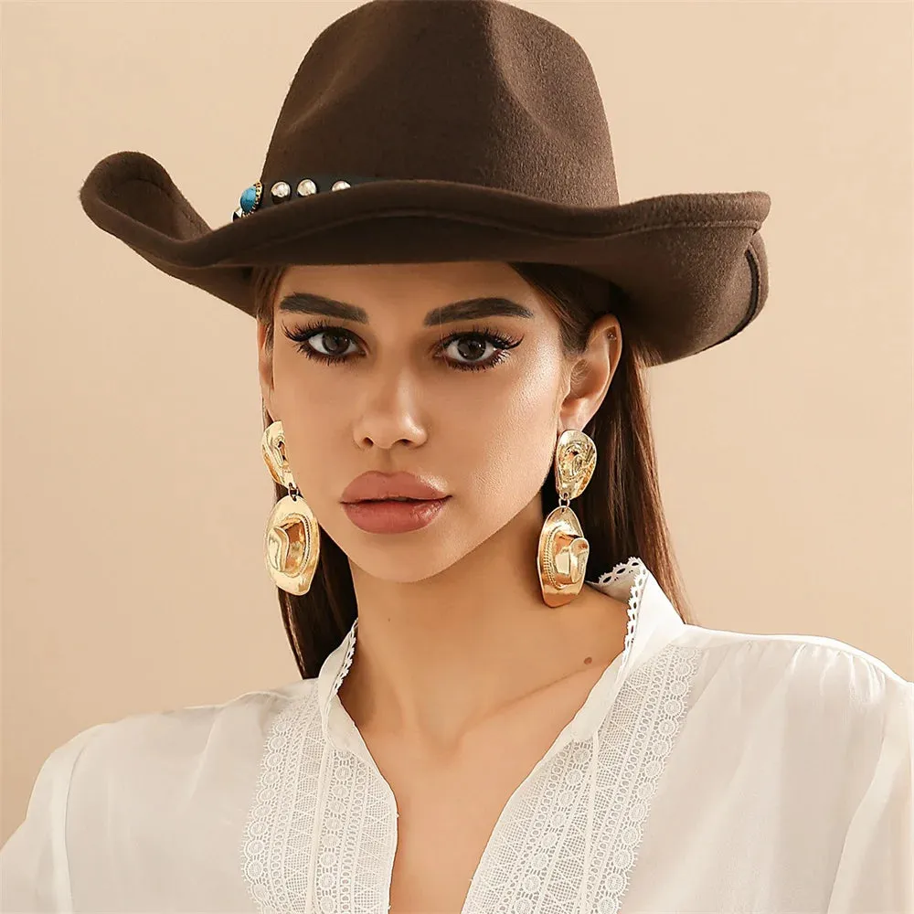 Creative Metal Cowboy Hat Pendant Necklace  Vintage Turquoise Jewelry Set