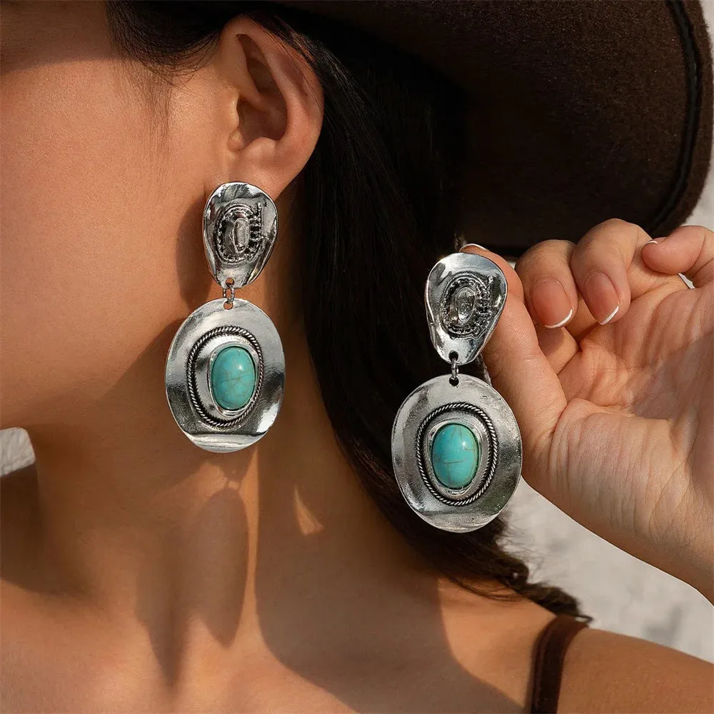 Creative Metal Cowboy Hat Pendant Necklace  Vintage Turquoise Jewelry Set