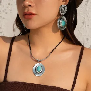 Creative Metal Cowboy Hat Pendant Necklace  Vintage Turquoise Jewelry Set