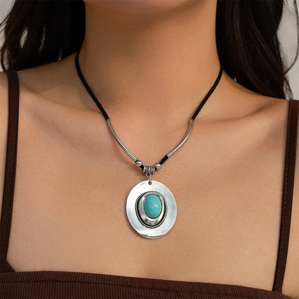 Creative Metal Cowboy Hat Pendant Necklace  Vintage Turquoise Jewelry Set