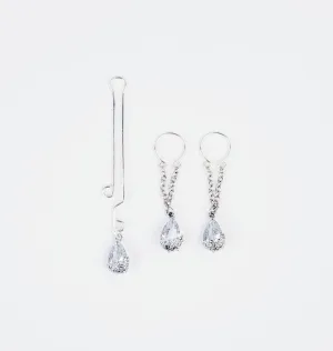 Cubic Zirconia Teardrop Nipple Rings with Chain Dangles and Labia Clip SET