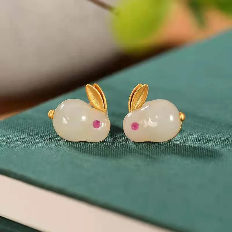 Cute Ring With Hetian Jade Stud Earrings In Sterling Silver