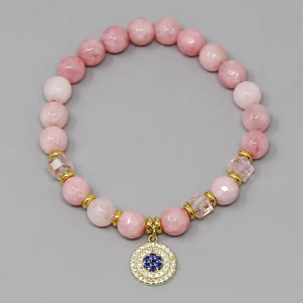 CZ Pave Disc Charm Natural Stone Beaded Bracelet