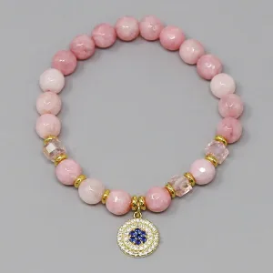 CZ Pave Disc Charm Natural Stone Beaded Bracelet