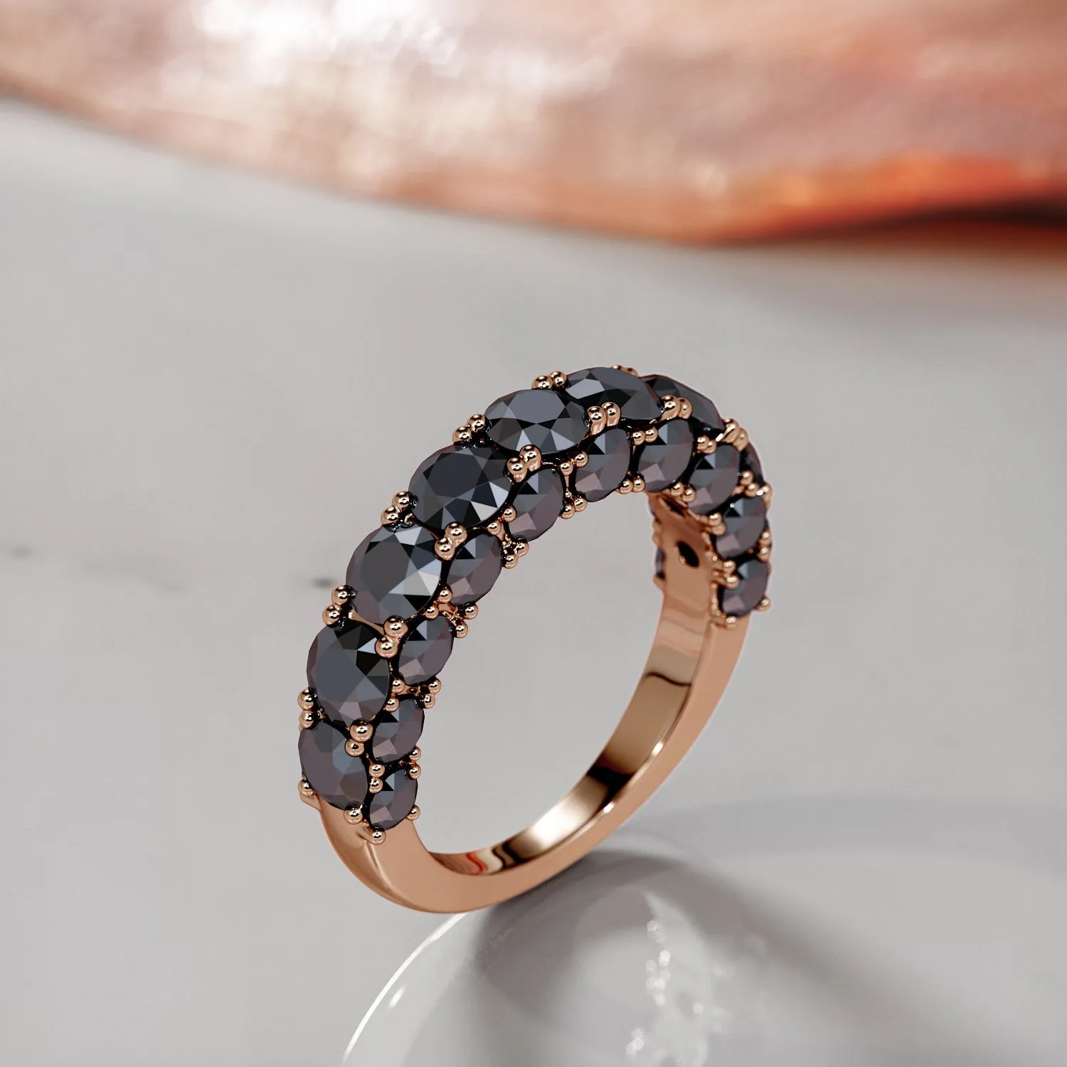 Darkening Twilight 3-Row Wedding Ring with Round Cut Natural Black Diamonds