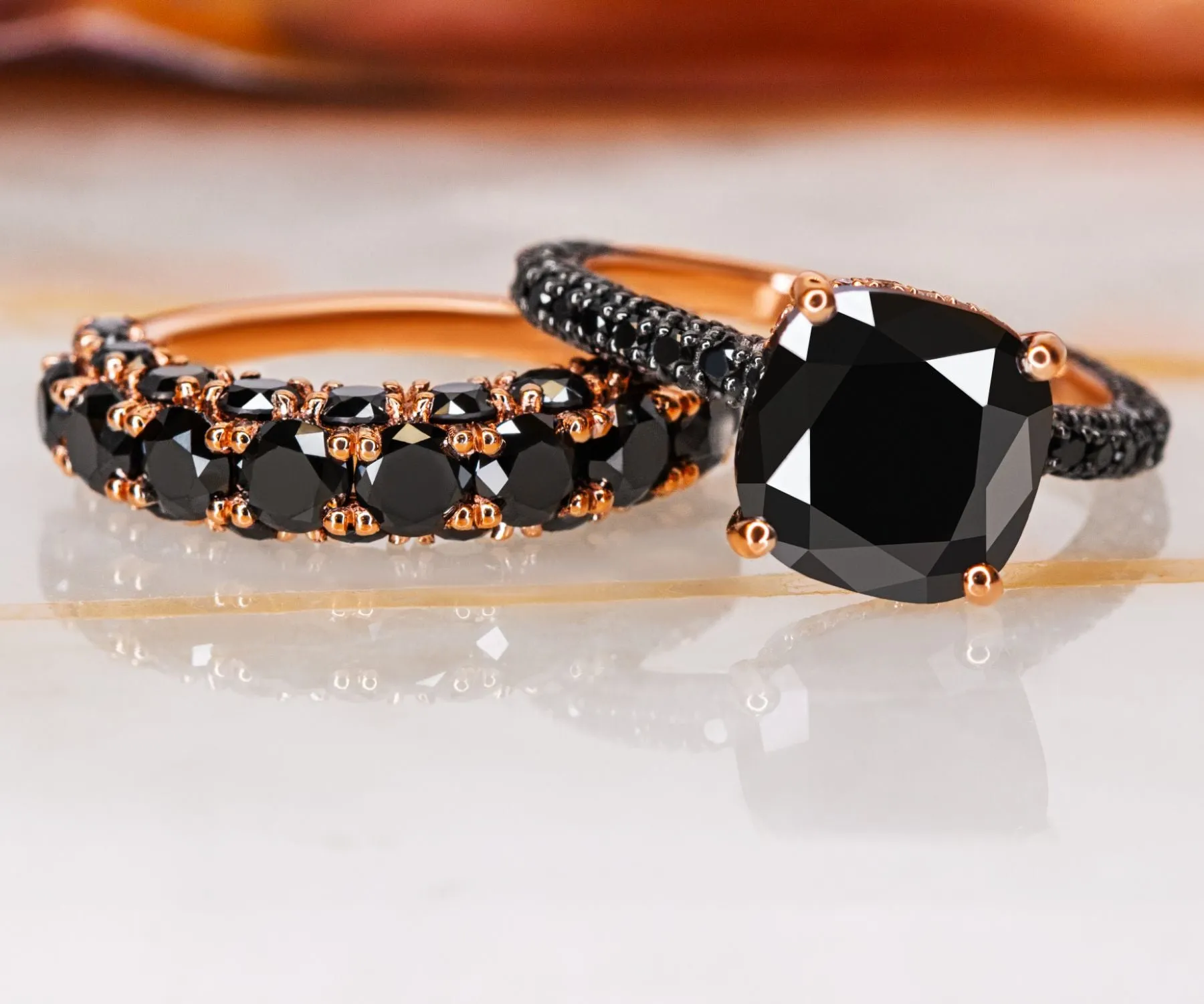 Darkening Twilight 3-Row Wedding Ring with Round Cut Natural Black Diamonds
