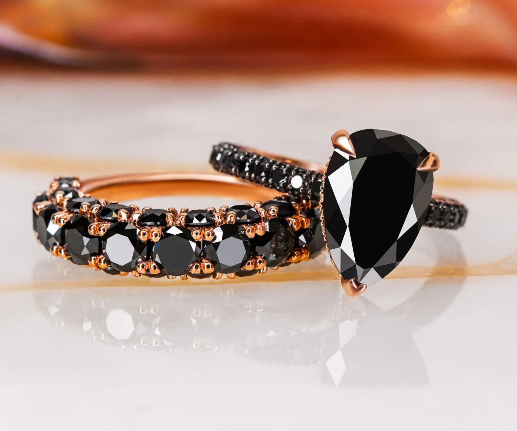 Darkening Twilight 3-Row Wedding Ring with Round Cut Natural Black Diamonds