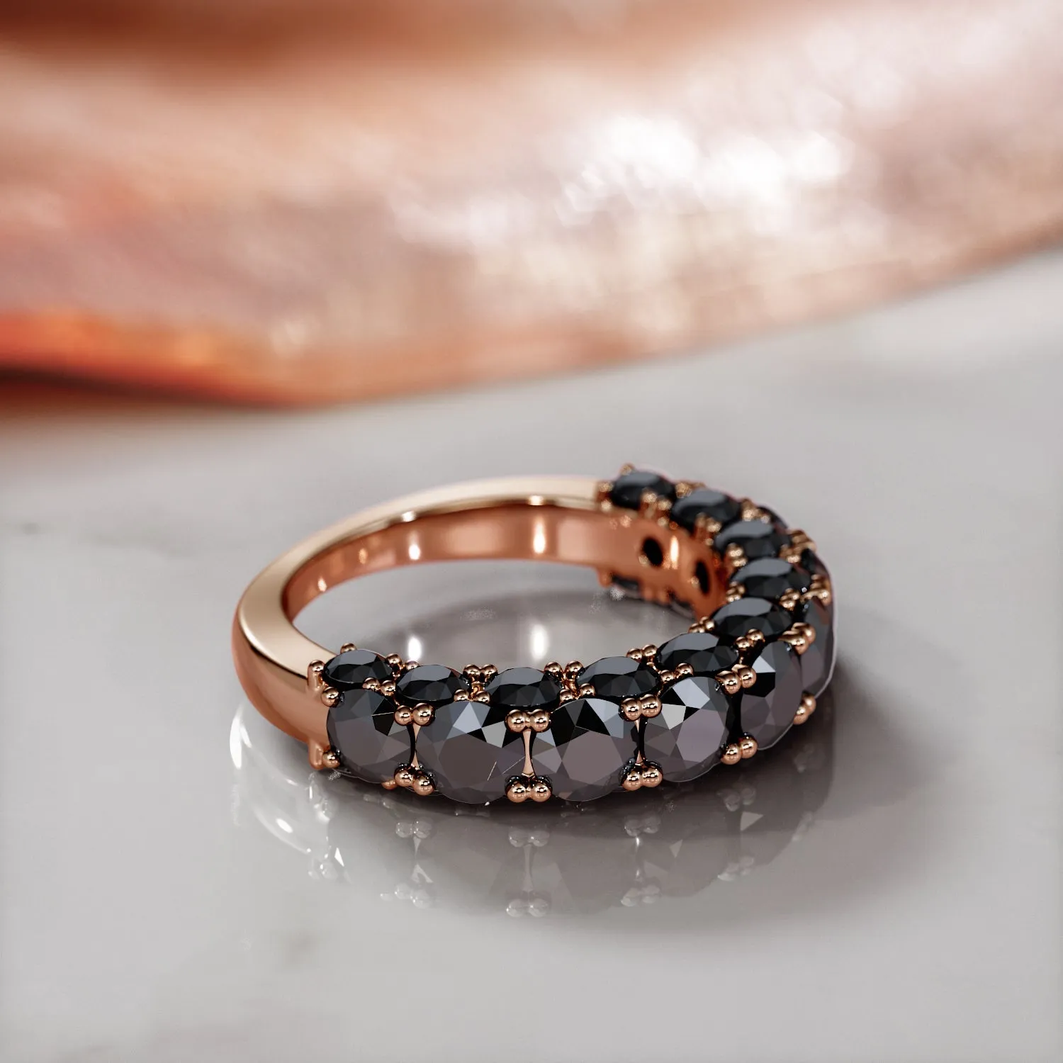 Darkening Twilight 3-Row Wedding Ring with Round Cut Natural Black Diamonds