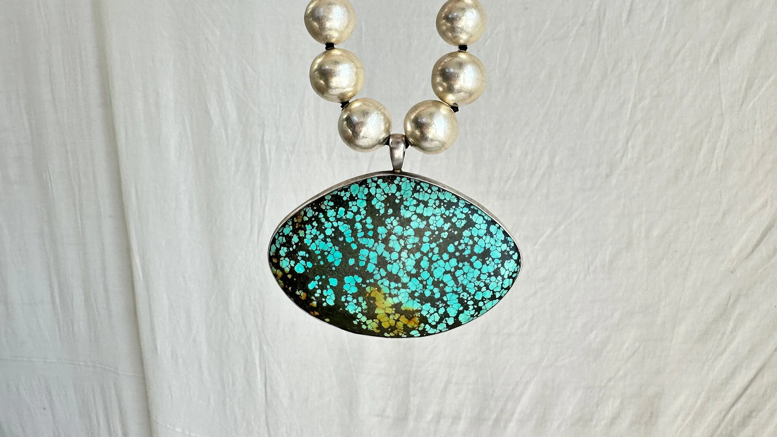 Fantastic Old Turquoise Pendant Necklace. Sterling Silver. 2234